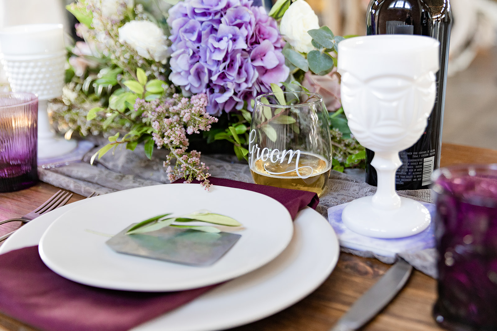 stemless wine cup, flowers, sweetheart table
