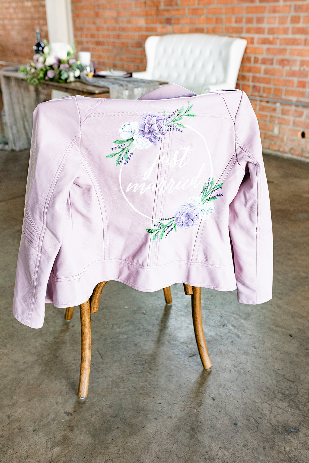 handprinted purple leather jacket, wedding clothing