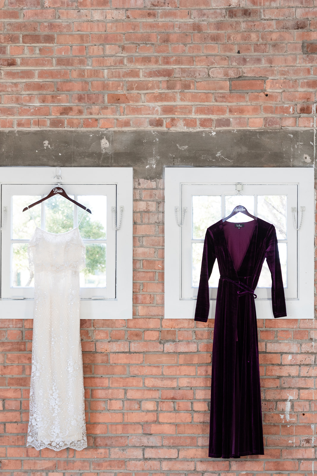 wedding dress, maid of honor purple dress, custom hangers