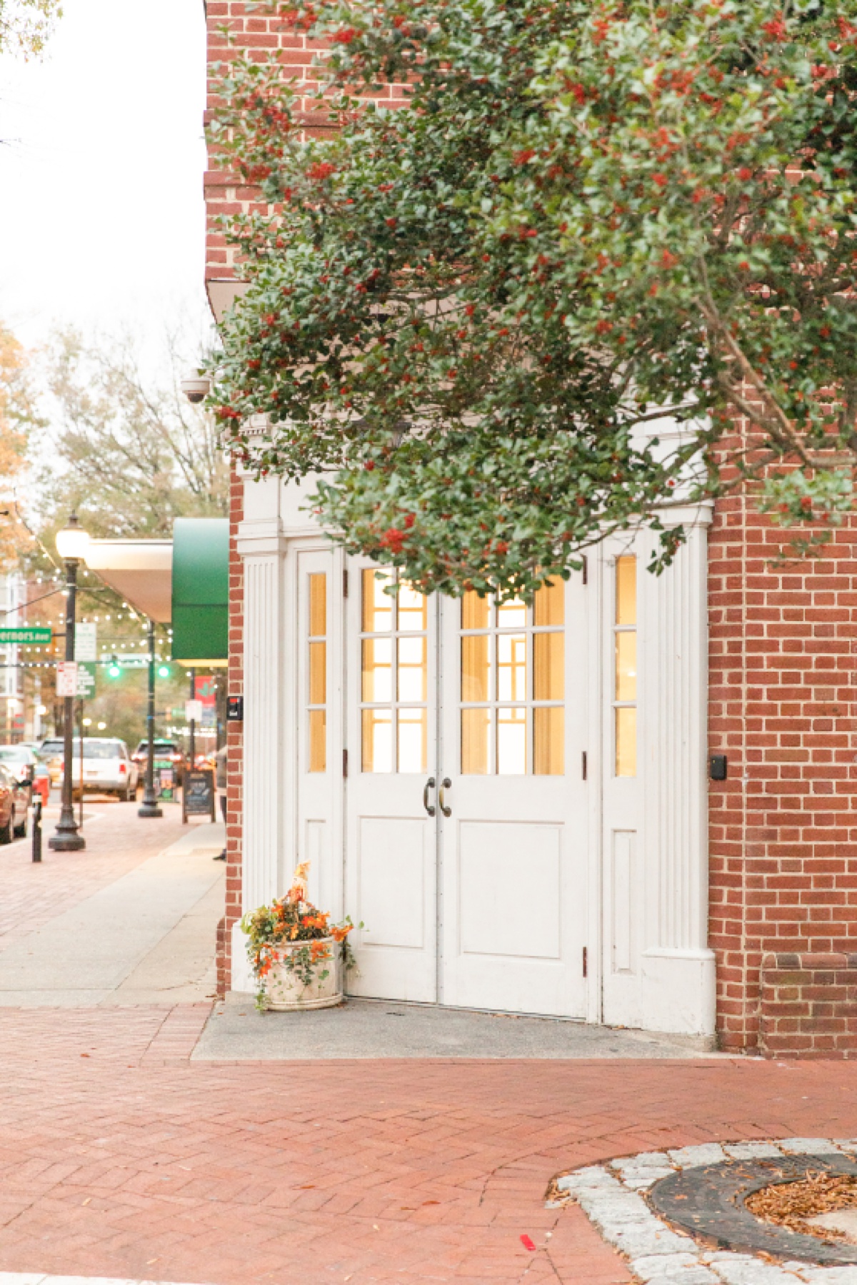 Downtown Dover, DE, white door and red brick sidewalk 