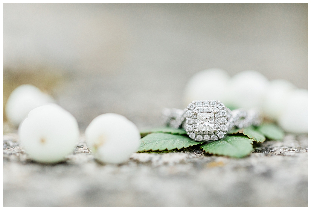 engagement ring surrounded by white berries at Seattle's Discovery Park